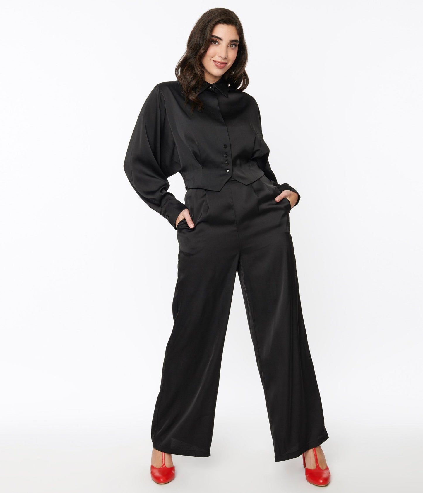 Black Satin Eva Suit Set - Unique Vintage - Womens, BOTTOMS, ROMPERS AND JUMPSUITS