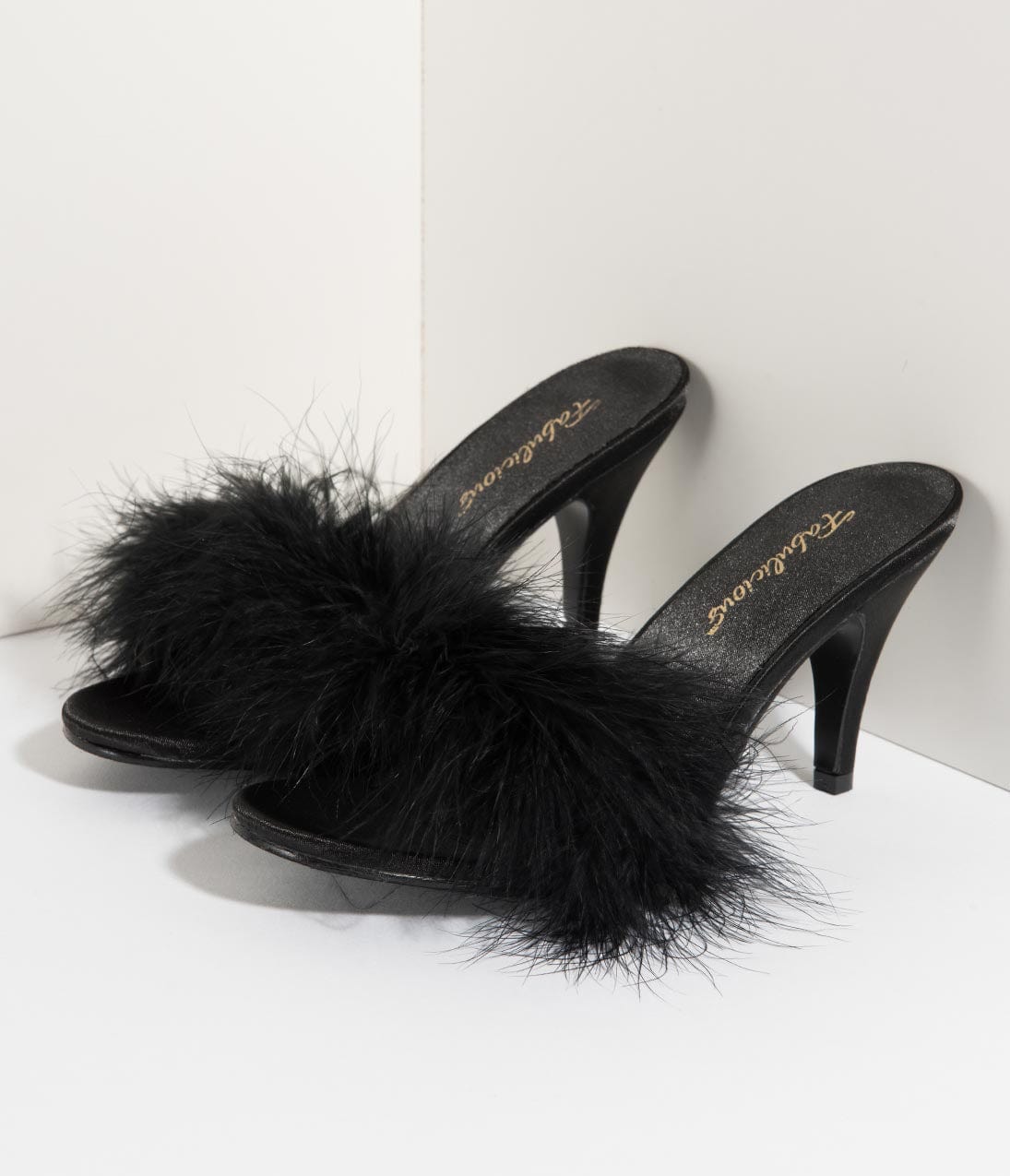 Black Satin & Marabou Feather Peep Toe Amour Heel Slipper - Unique Vintage - Womens, SHOES, HEELS