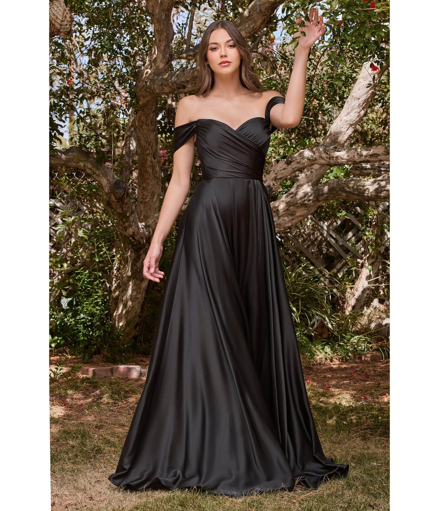 Black Satin Off The Shoulder Bridesmaid Gown - Unique Vintage - Womens, DRESSES, PROM AND SPECIAL OCCASION