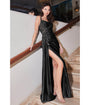 Cinderella Divine  Black Sequin Applique & Ruched Satin Evening Gown