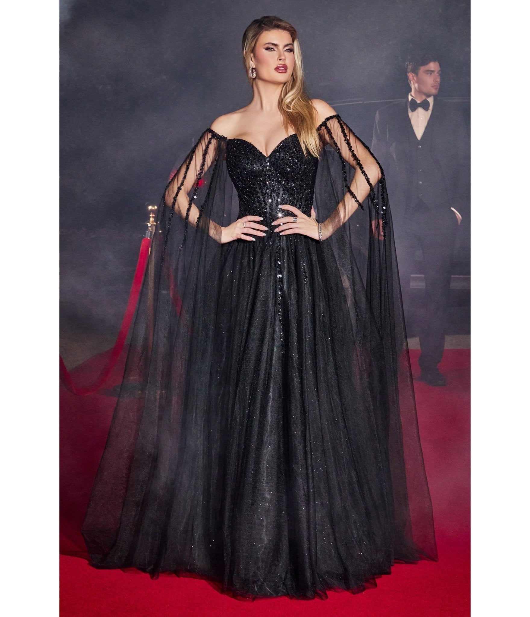 Black Sequin Embellished Cape Sleeve Prom Dress - Unique Vintage - Womens, DRESSES, PROM AND SPECIAL OCCASION
