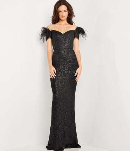 Black Sequin & Feather Sheath Prom Gown - Unique Vintage - Womens, DRESSES, PROM AND SPECIAL OCCASION