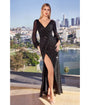 Cinderella Divine  Black Sequin Long Sleeve Slit Evening Gown
