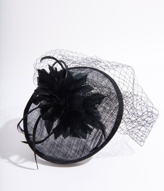 Black Sinamay & Netted Floral Feather Fascinator - Unique Vintage - Womens, ACCESSORIES, HAIR