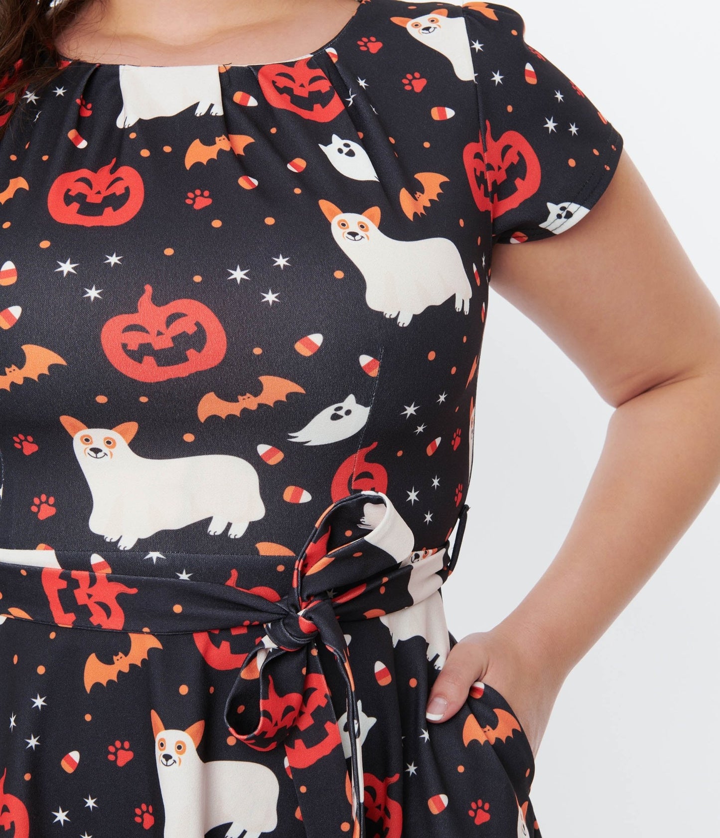 Black & Spooky Ghost Dog Flare Dress - Unique Vintage - Womens, HALLOWEEN, DRESSES