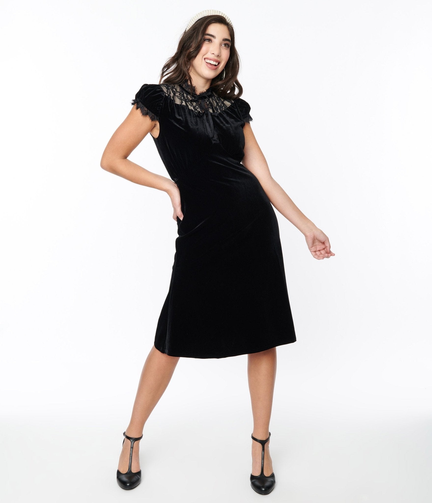 shift velvet dress Black Velvet Lace Midi Shift Dress