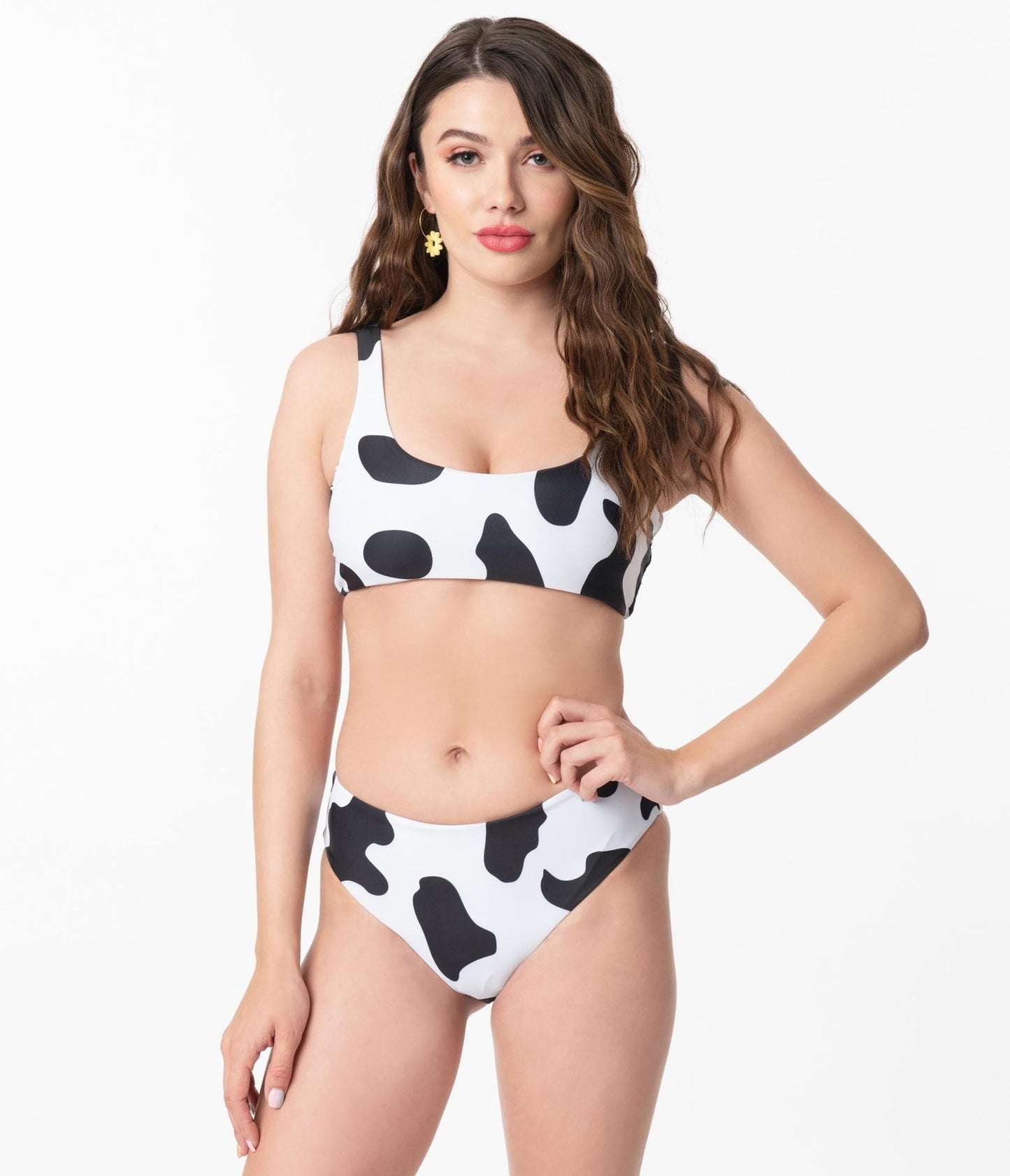 Black & White Cow Print Two Piece Swimsuit - Unique Vintage - Womens, SWIM, TOP