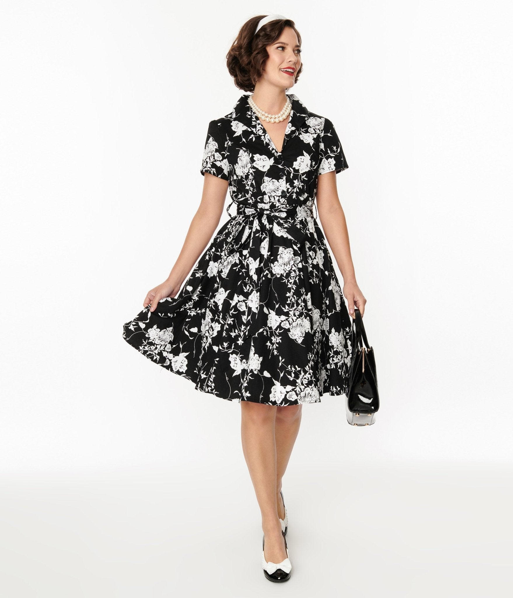 Black & White Floral Swing Shirt Dress - Unique Vintage - Womens, DRESSES, SWING