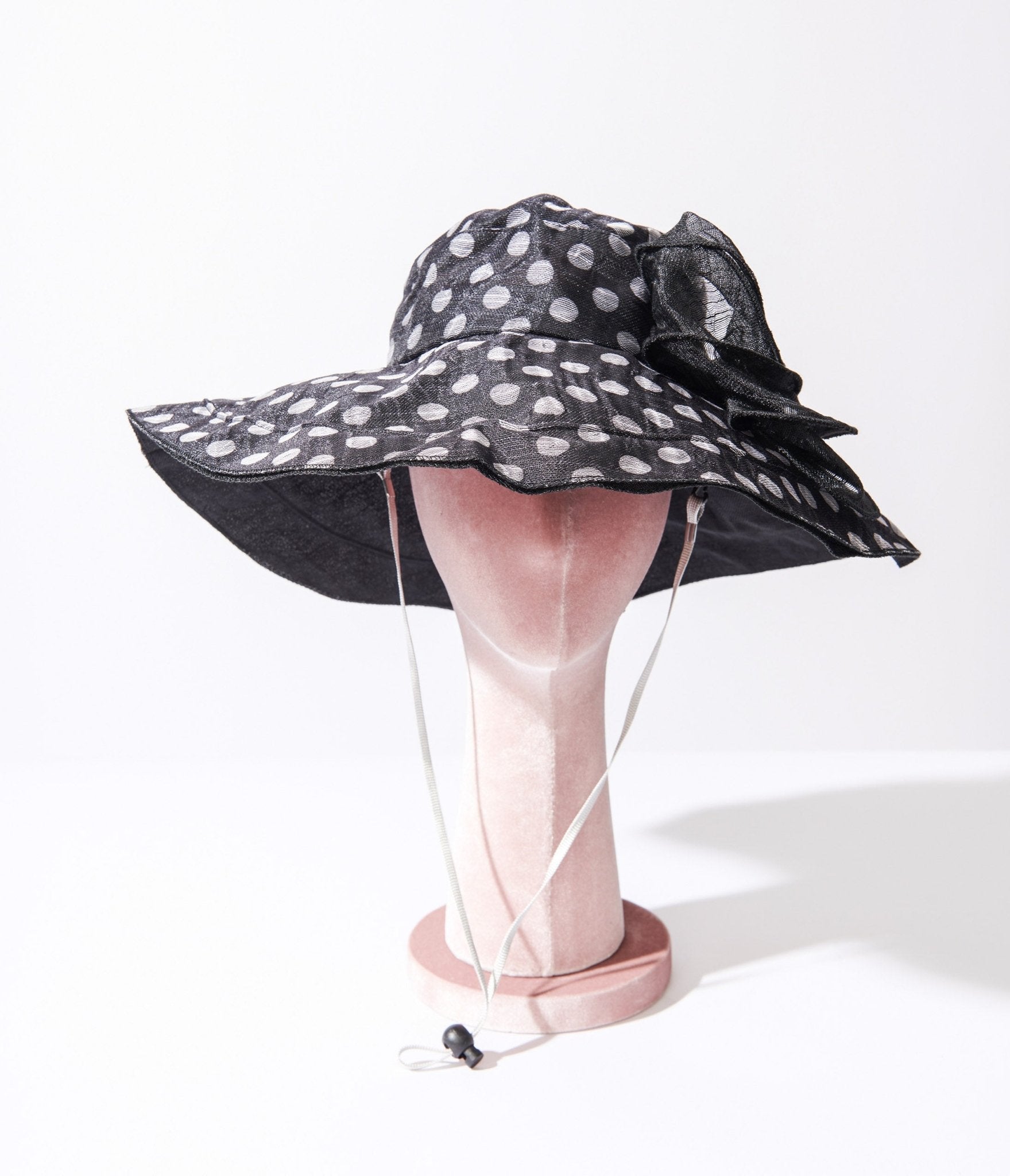 Black & White Polka Dot Bow Sun Hat - Unique Vintage - Womens, ACCESSORIES, HATS