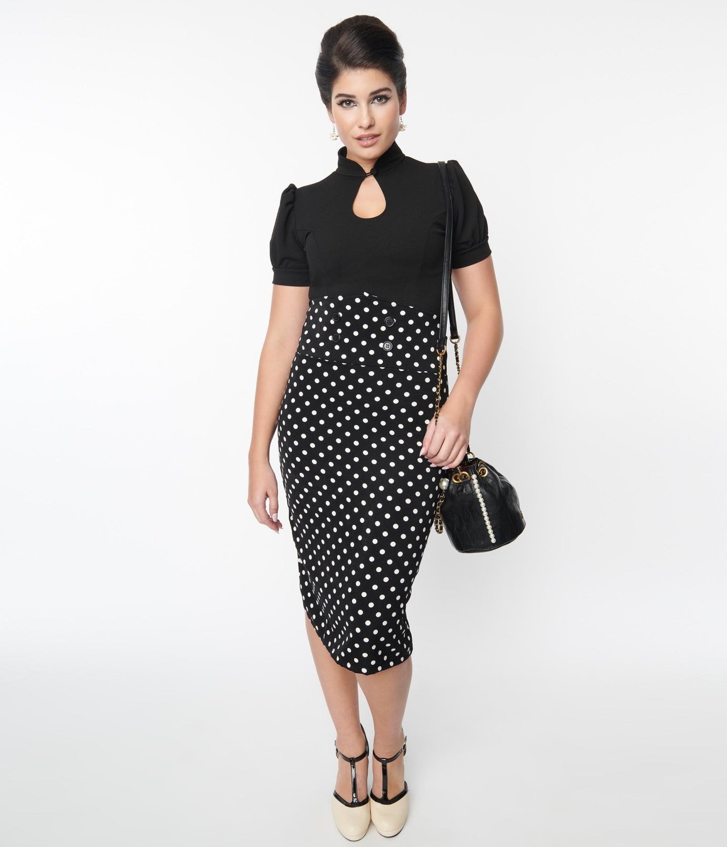 Black & White Polka Dot Wiggle Skirt - Unique Vintage - Womens, BOTTOMS, SKIRTS