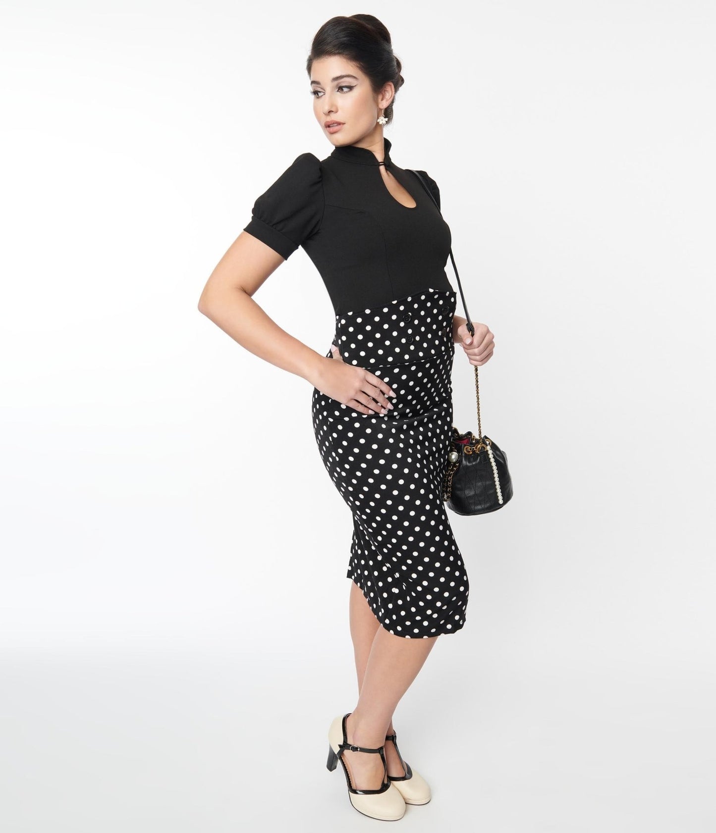 Black & White Polka Dot Wiggle Skirt - Unique Vintage - Womens, BOTTOMS, SKIRTS