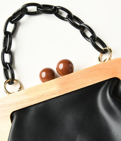 Black & Wood Leatherette Handbag - Unique Vintage - Womens, ACCESSORIES, HANDBAGS
