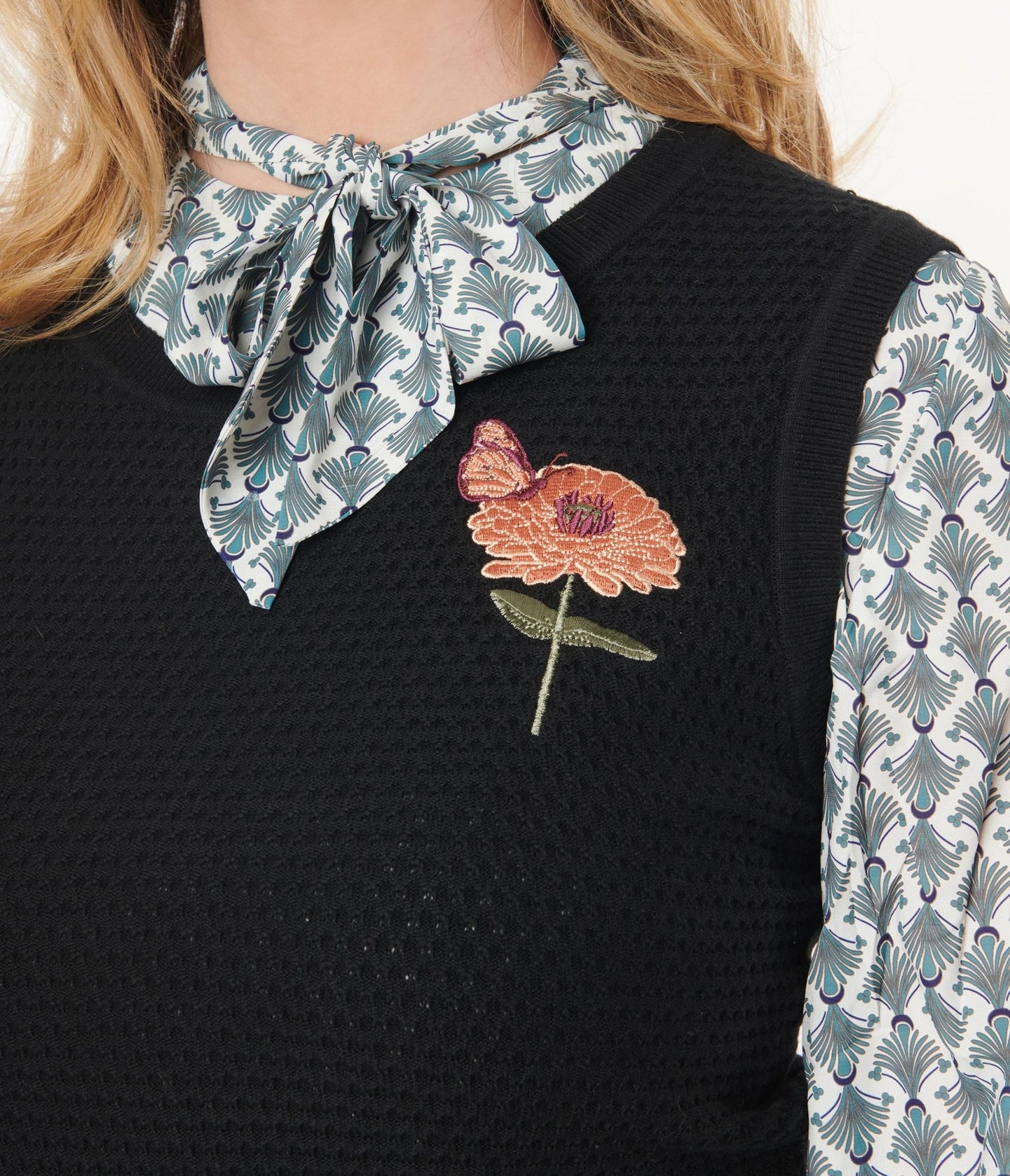 Black & Zinnia Floral Sleeveless Knit Sweater - Unique Vintage - Womens, TOPS, KNIT TOPS