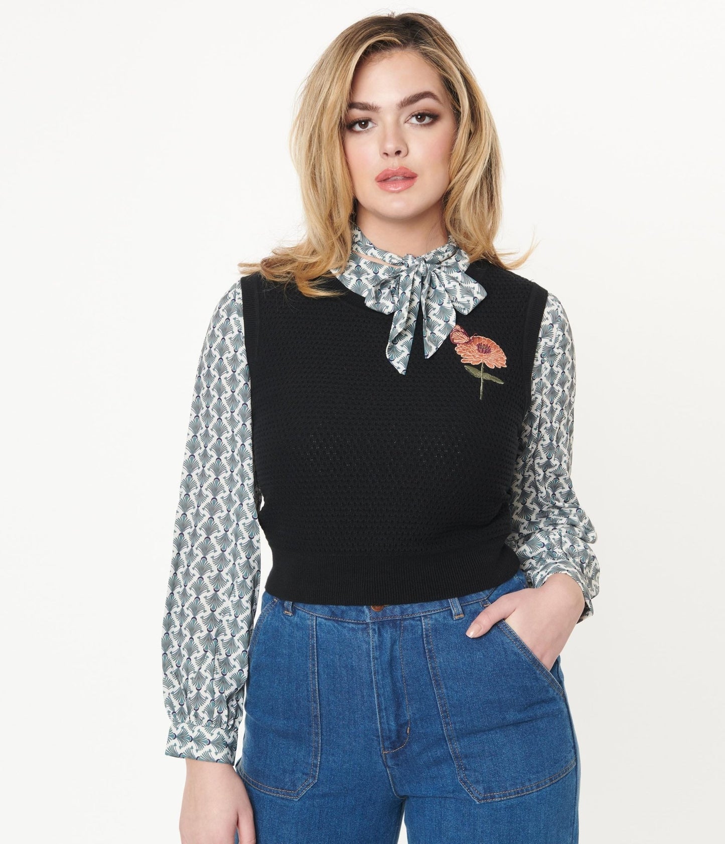 Black & Zinnia Floral Sleeveless Knit Sweater - Unique Vintage - Womens, TOPS, KNIT TOPS
