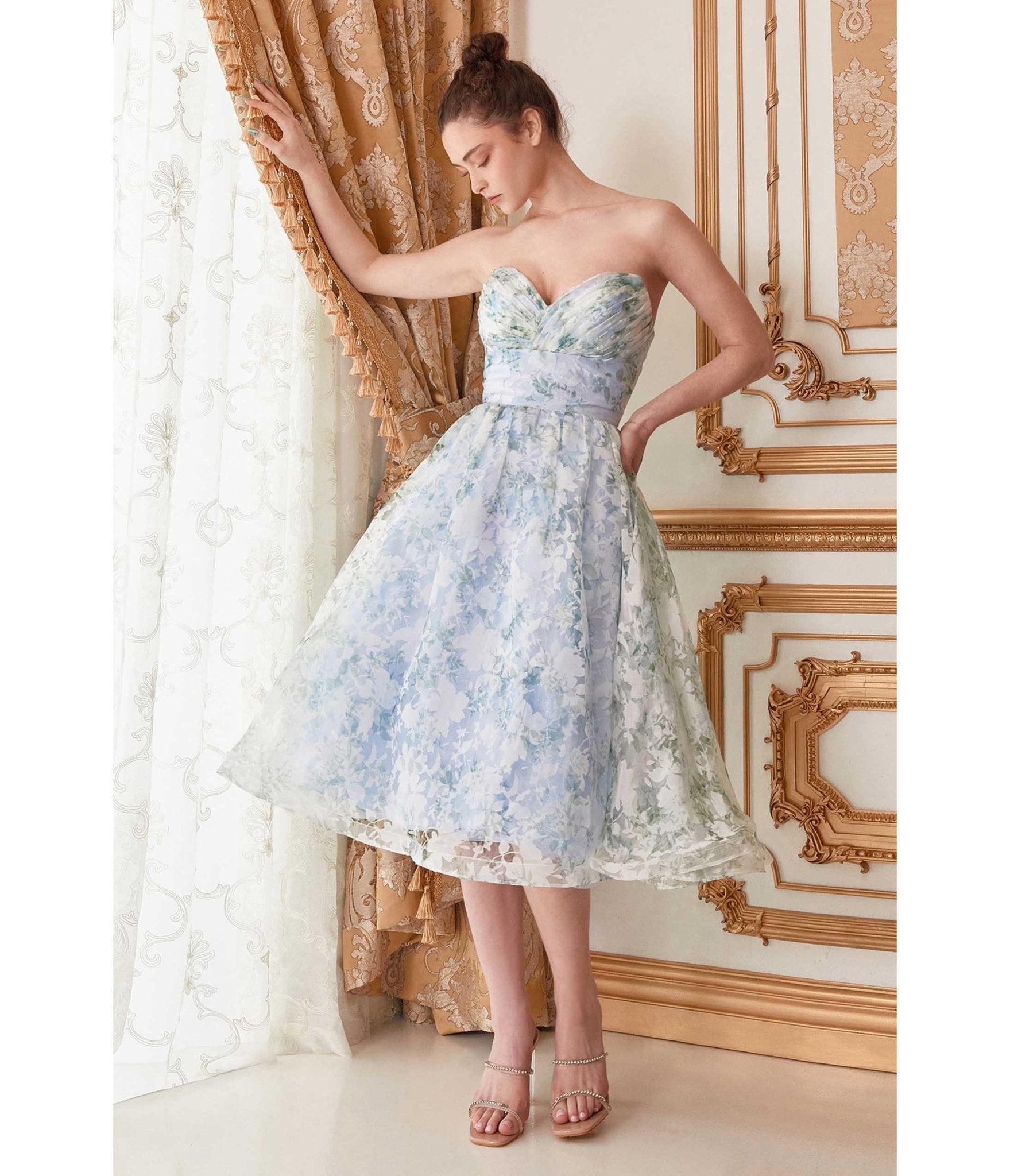 Blue Floral Strapless Hepburn Tea Bridesmaid Gown - Unique Vintage - Womens, DRESSES, PROM AND SPECIAL OCCASION