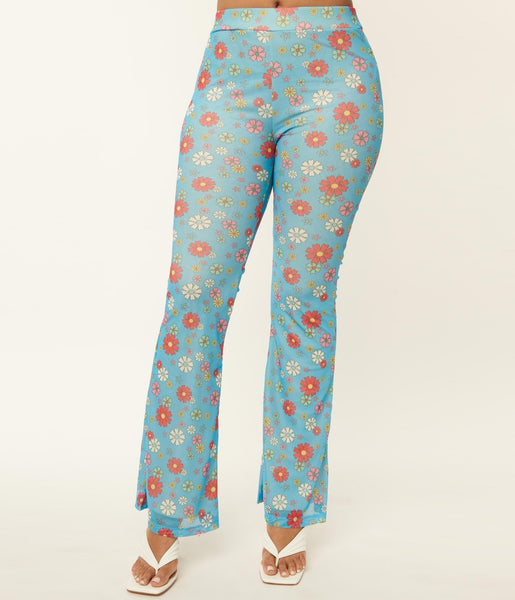 Blue & Multicolor Floral Mesh Flare Pants – Unique Vintage