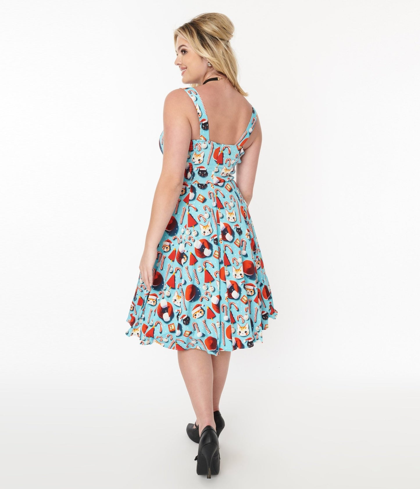 Blue Santa Kitty Print Swing Dress - Unique Vintage - Womens, DRESSES, SWING