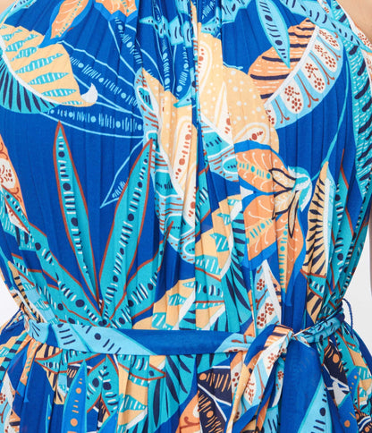 Blue Tropical Pleated Maxi Dress - Unique Vintage - Womens, DRESSES, MAXI