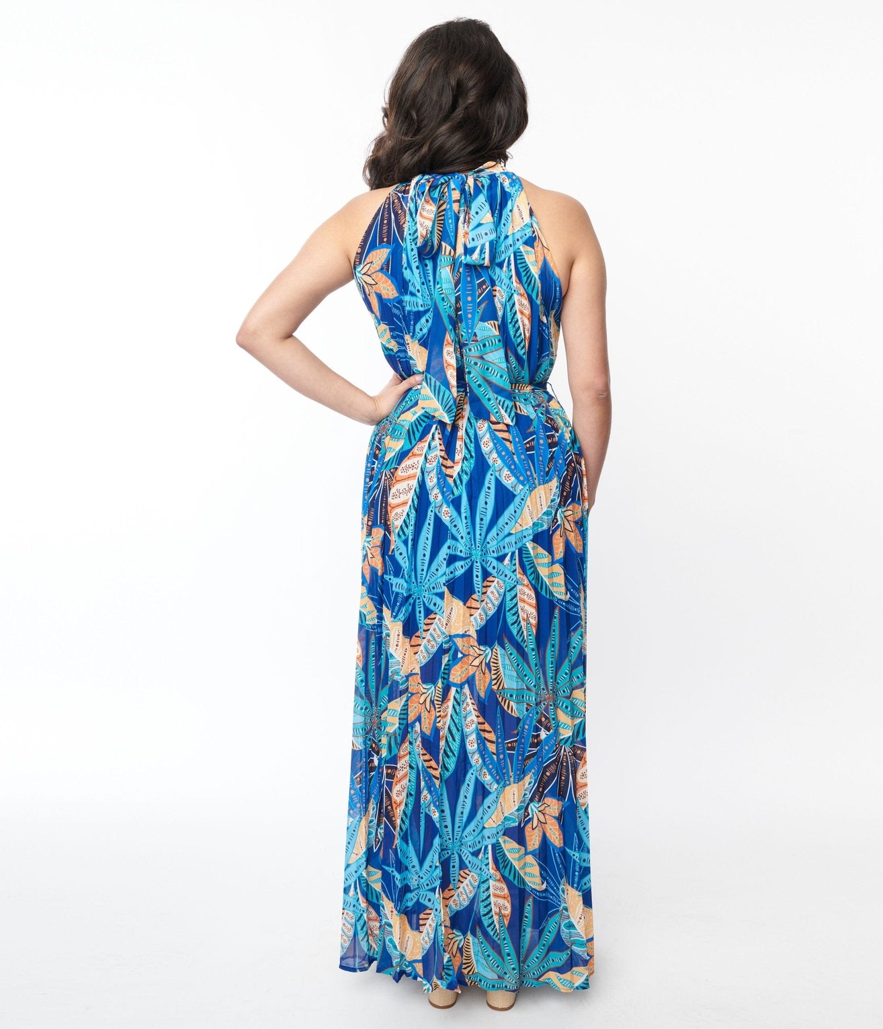 Blue Tropical Pleated Maxi Dress - Unique Vintage - Womens, DRESSES, MAXI