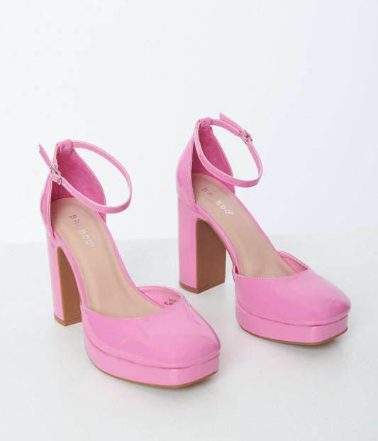 Bright Pink Patent Leatherette Platform Heels - Unique Vintage - Womens, SHOES, HEELS