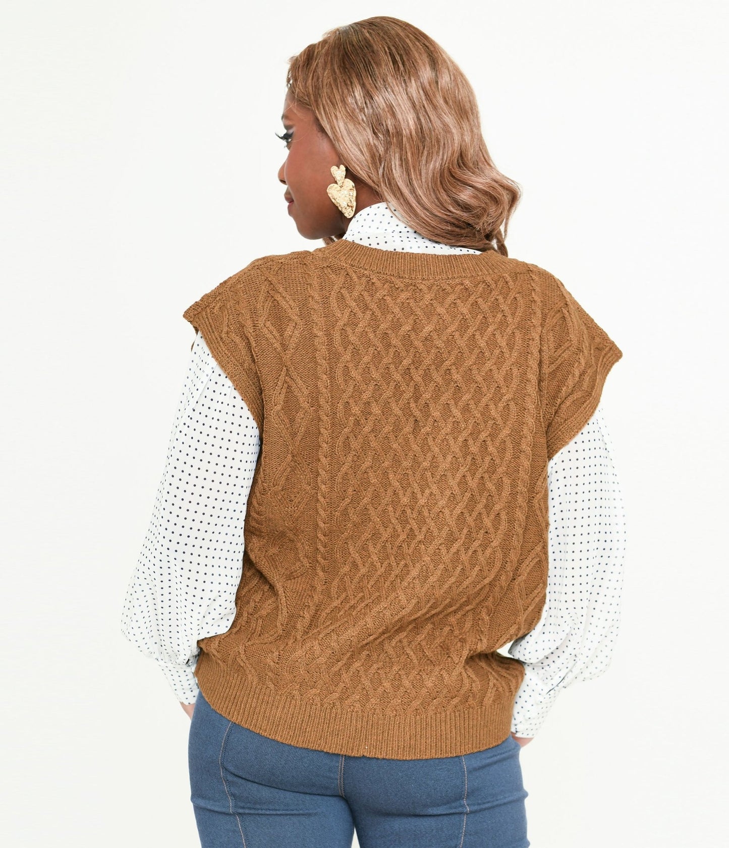 Brown Cable Knit Sweater Vest - Unique Vintage - Womens, TOPS, KNIT TOPS