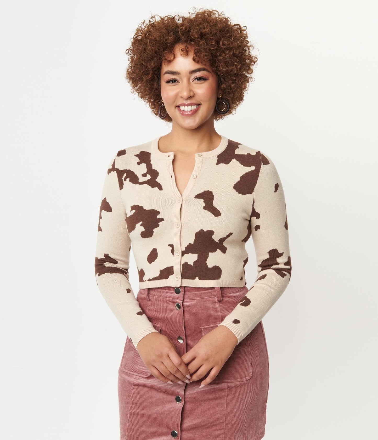 Brown Cow Print Crop Cardigan - Unique Vintage - Womens, TOPS, SWEATERS