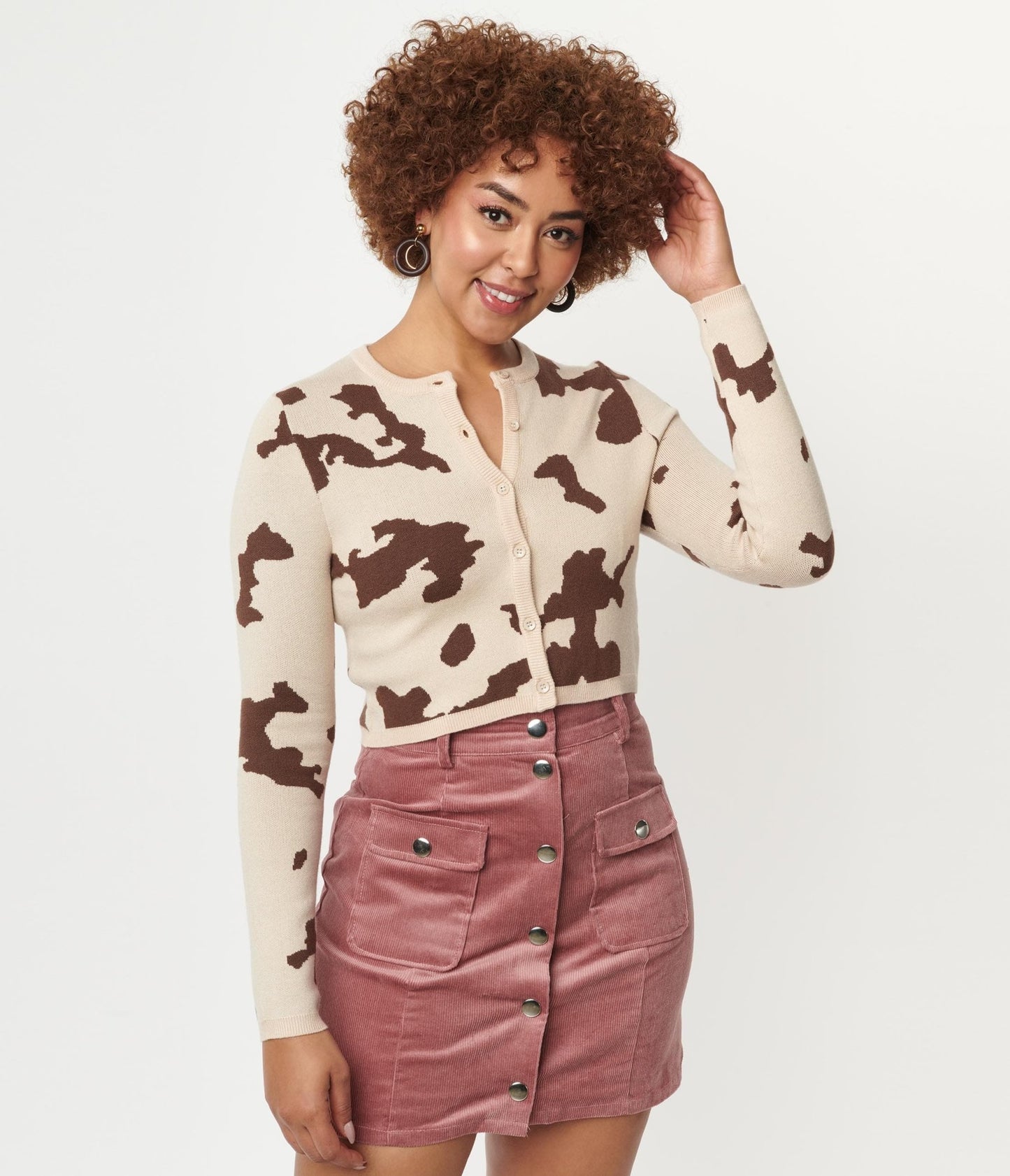 Brown Cow Print Crop Cardigan - Unique Vintage - Womens, TOPS, SWEATERS