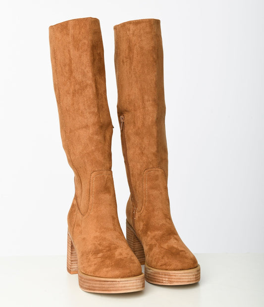 Brown Suede Knee High Platform Boots - Unique Vintage - Womens, SHOES, BOOTS