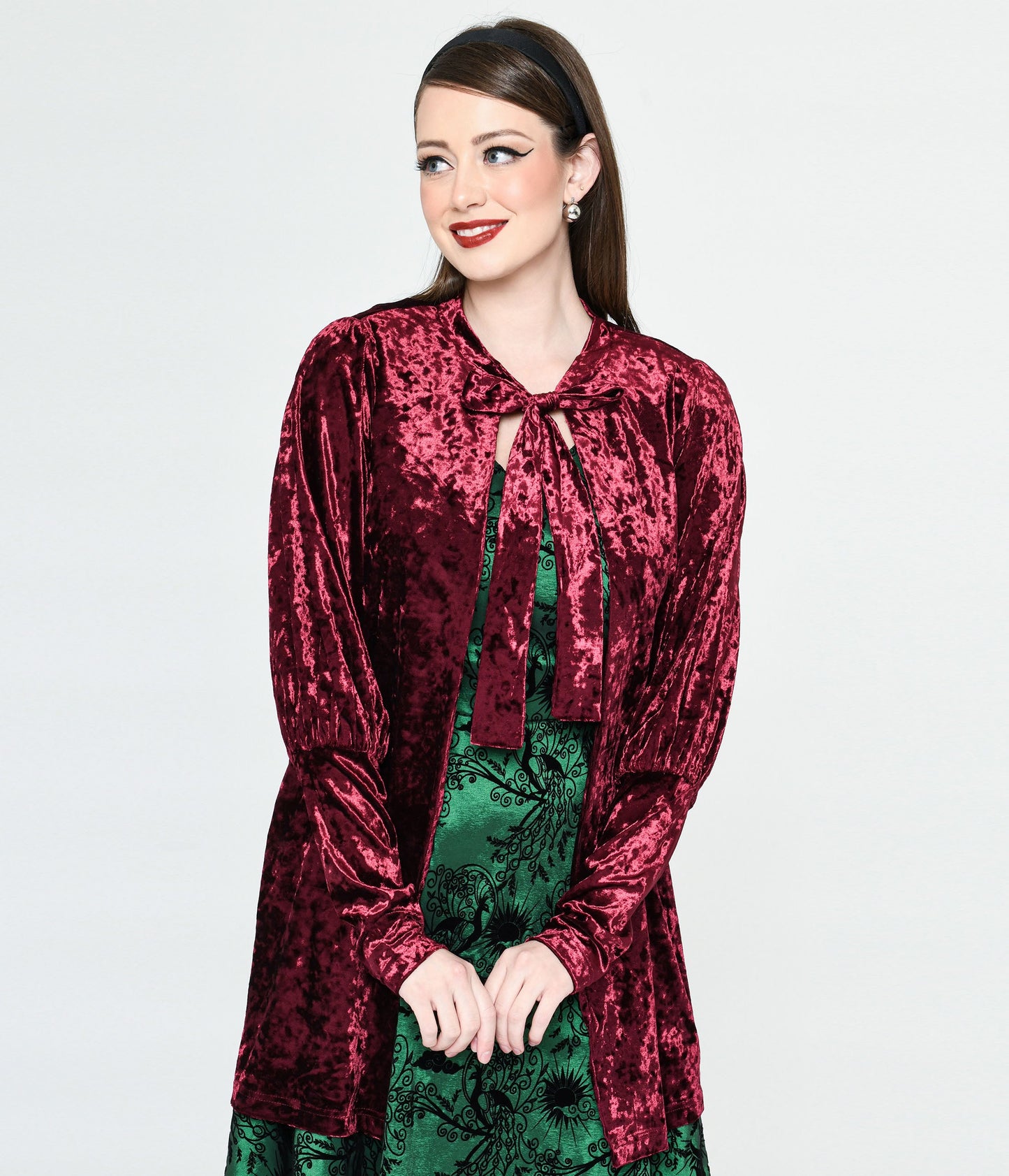 Burgundy Crushed Velvet Hellfire Cardigan - Unique Vintage - Womens, TOPS, SWEATERS