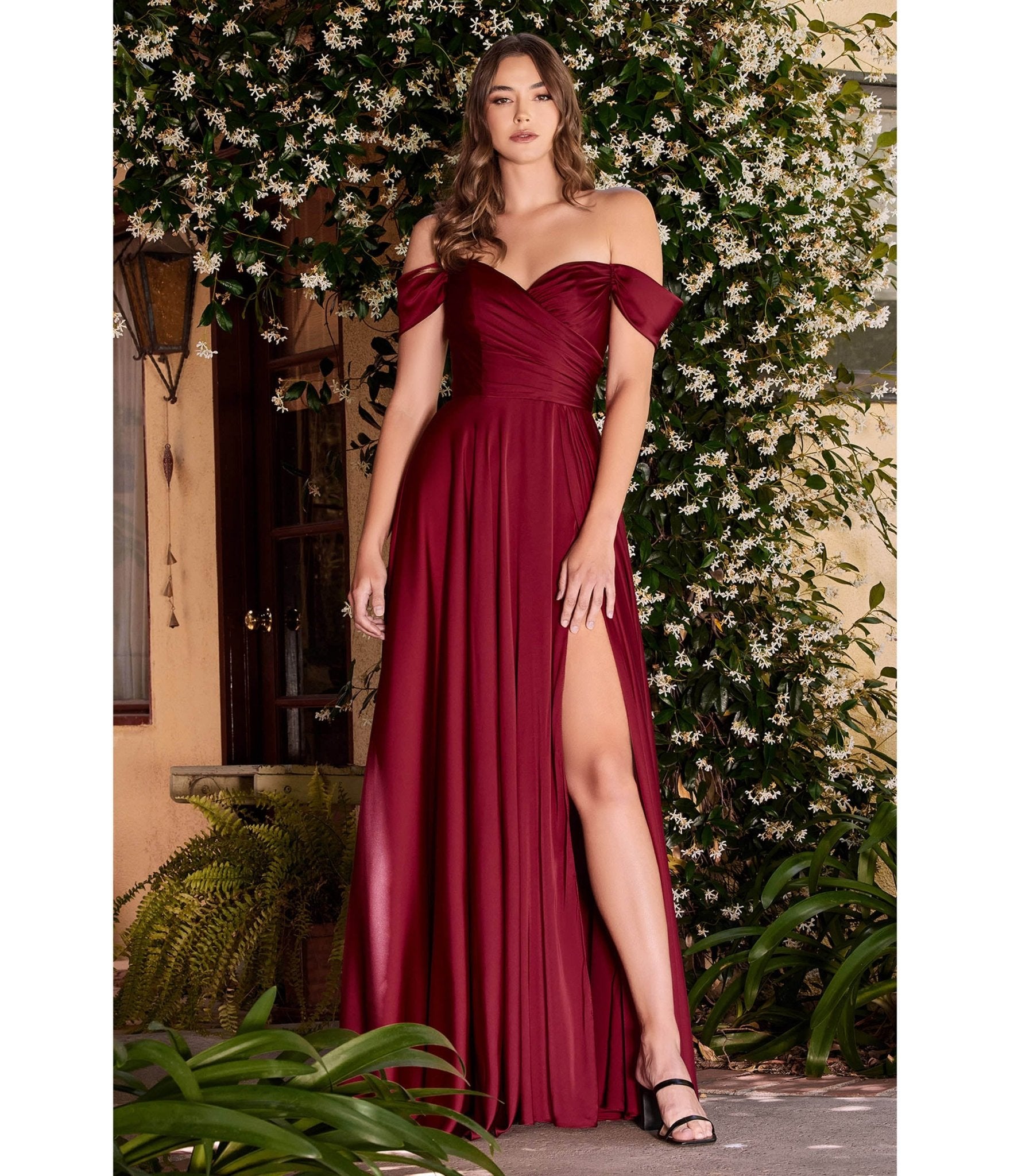 Burgundy Satin Off The Shoulder Bridesmaid Gown - Unique Vintage - Womens, DRESSES, PROM AND SPECIAL OCCASION