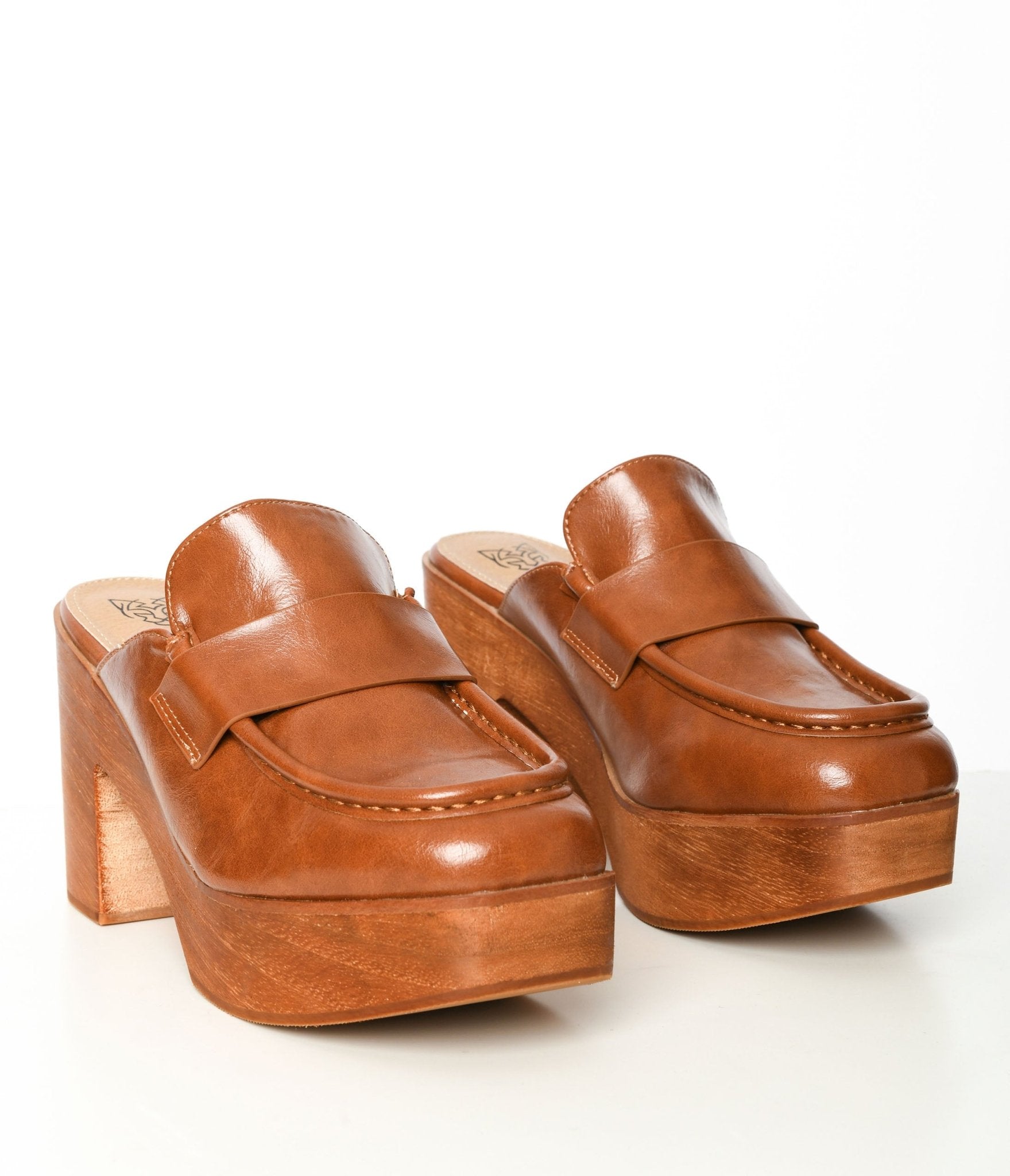Camel Brown Platform Loafer Clogs - Unique Vintage - Womens, SHOES, HEELS