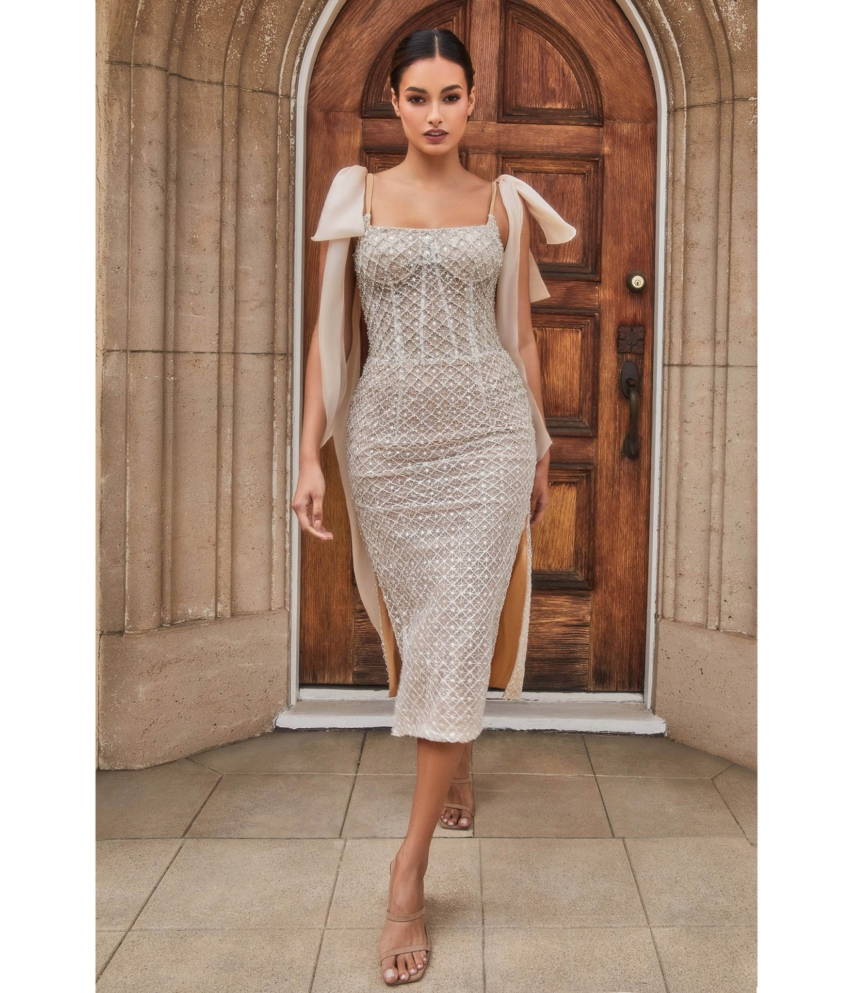 Champagne Beaded Illusion Corset Midi Dress - Unique Vintage - Womens, DRESSES, PROM AND SPECIAL OCCASION