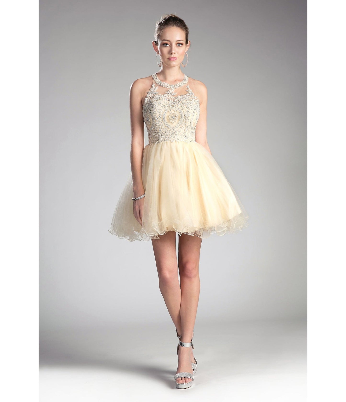 Champagne Beaded Lace Ballerina Homecoming Dress - Unique Vintage - Womens, DRESSES, PROM AND SPECIAL OCCASION
