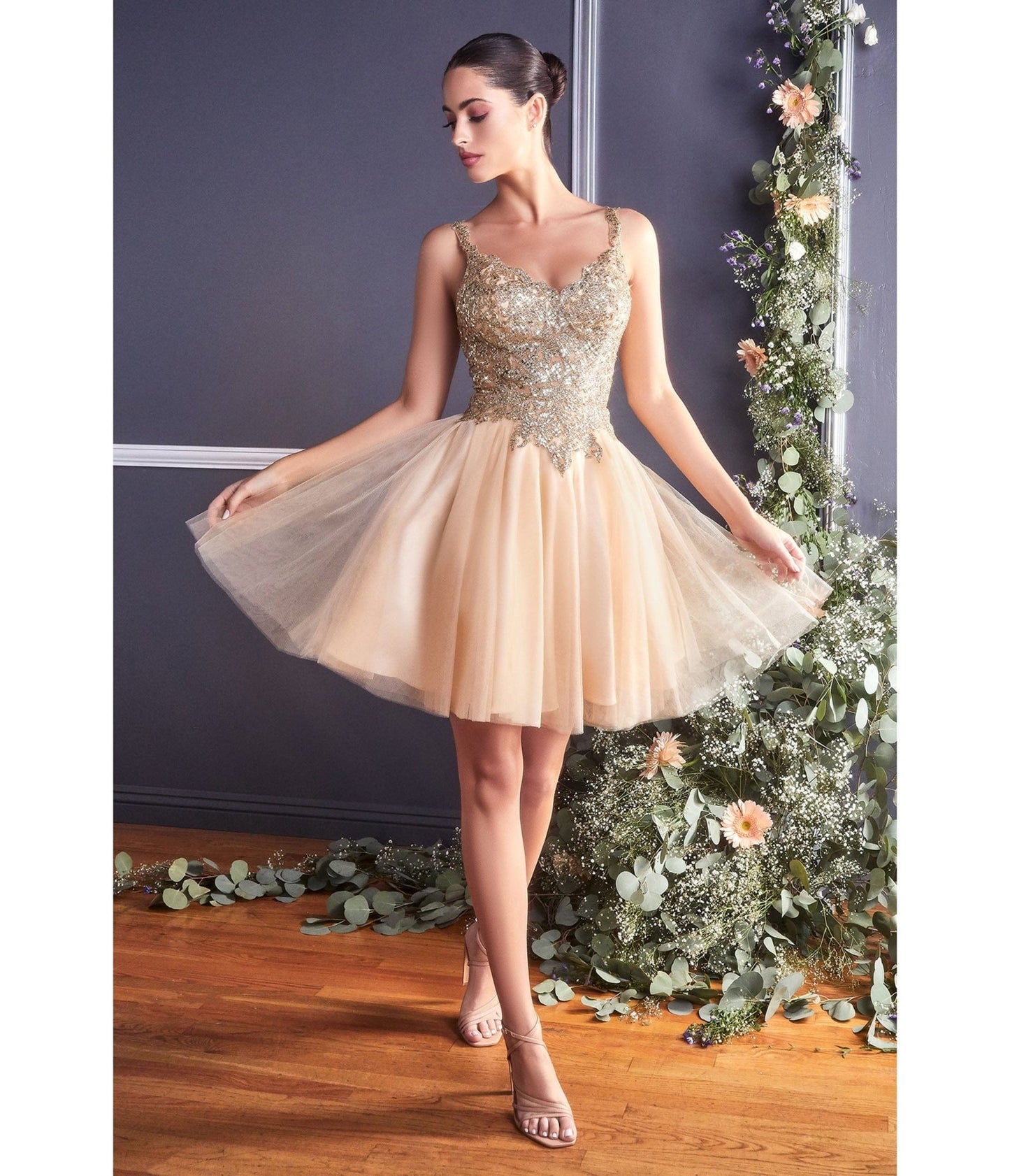Champagne Gold Embellished Tulle Mini Homecoming Dress - Unique Vintage - Womens, DRESSES, PROM AND SPECIAL OCCASION