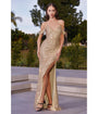 Cinderella Divine  Champagne Gold Sequin Cold Shoulder Bridesmaid Gown