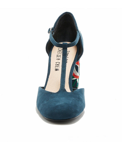 Chelsea Crew Navy T-Strap Embroidered Frenchie Heels - Unique Vintage - Womens, SHOES, HEELS