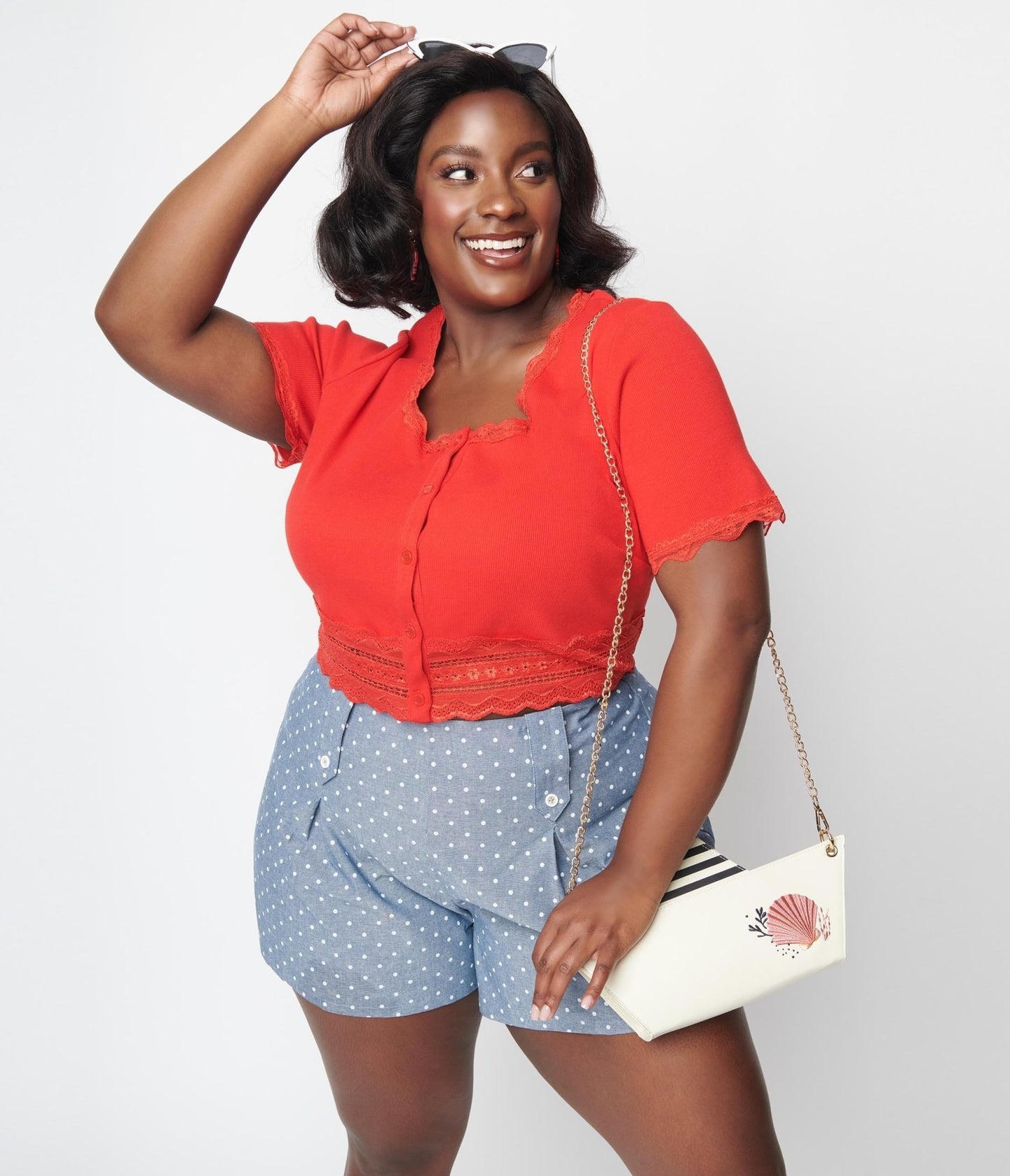 Cherry Red Scallop Lace Knit Crop Top - Unique Vintage - Womens, TOPS, WOVEN TOPS