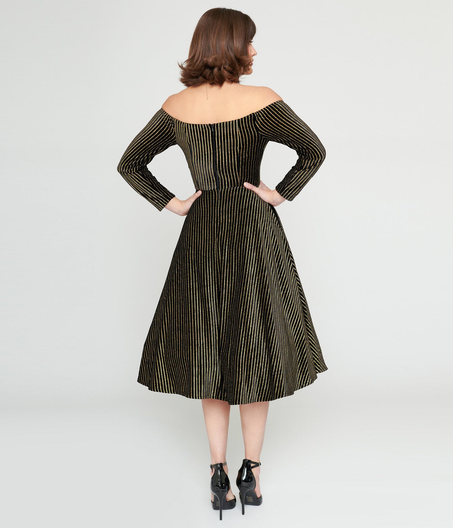 Collectif Black & Gold Glitter Striped Anjelica Swing Dress - Unique Vintage - Womens, DRESSES, SWING