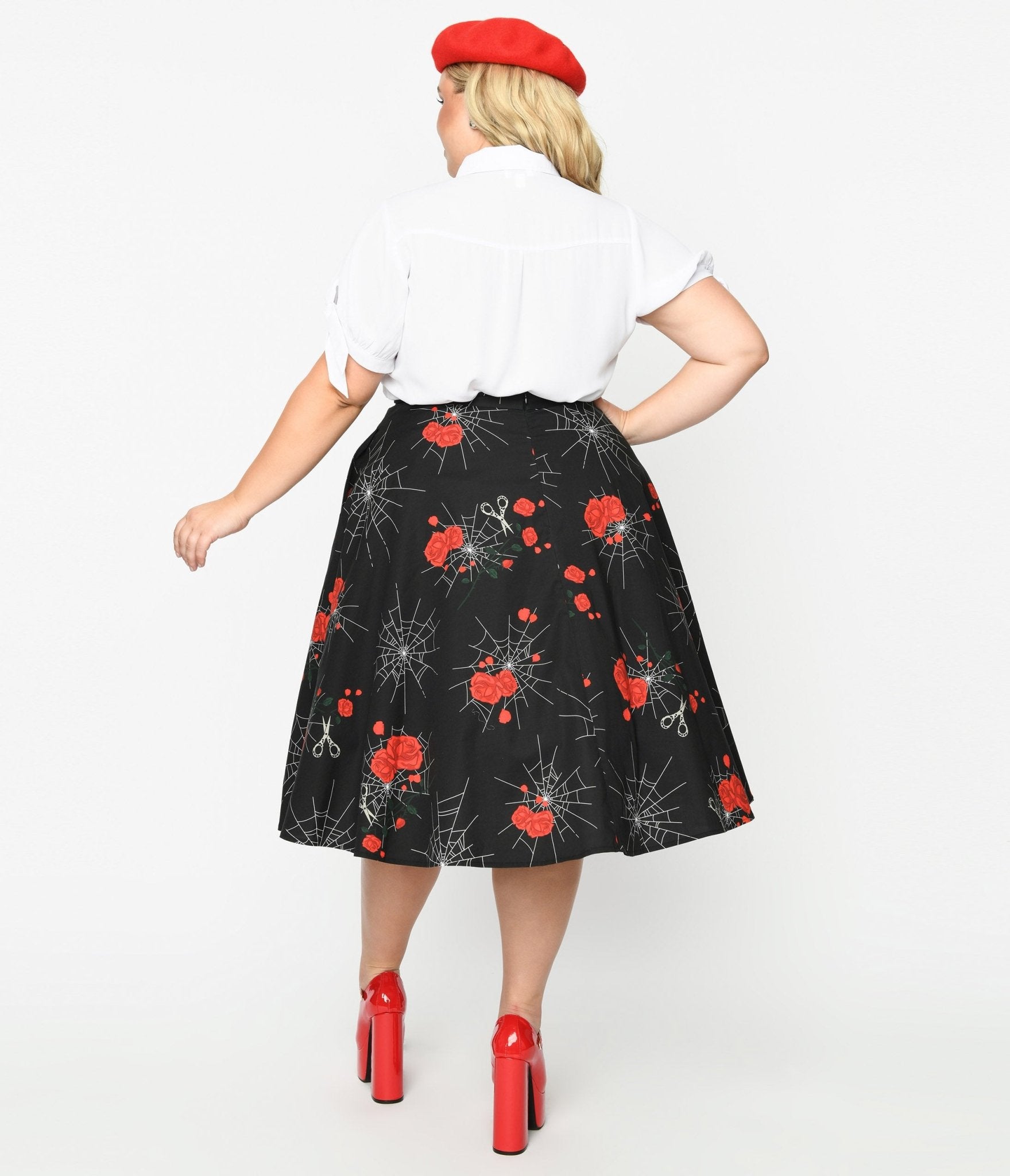 Collectif Black Spinners Web & Roses Swing Skirt - Unique Vintage - Womens, HALLOWEEN, BOTTOMS