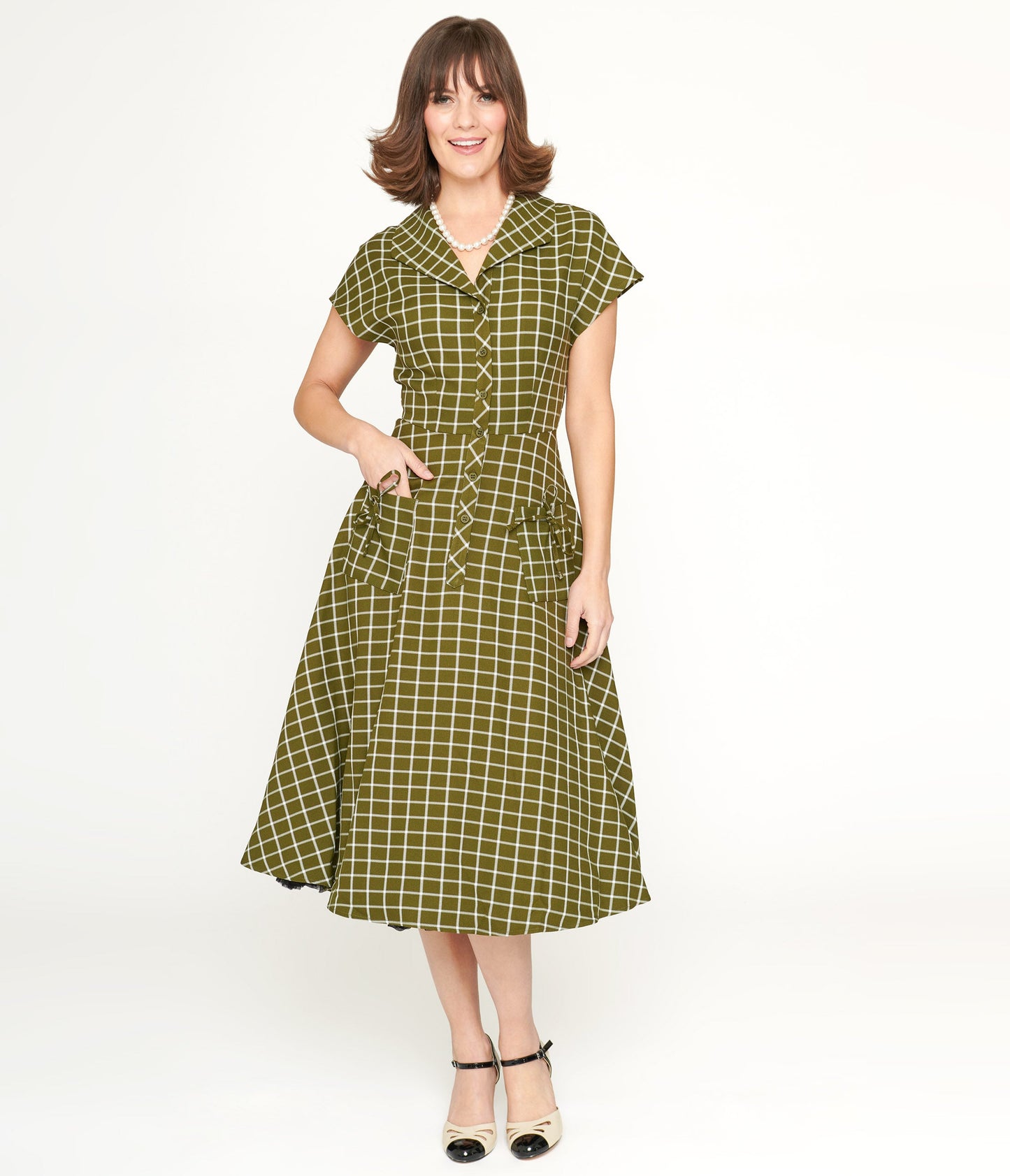 Collectif Green & White Checked Liza Acres Swing Dress - Unique Vintage - Womens, DRESSES, SWING