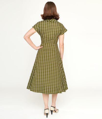 Collectif Green & White Checked Liza Acres Swing Dress - Unique Vintage - Womens, DRESSES, SWING