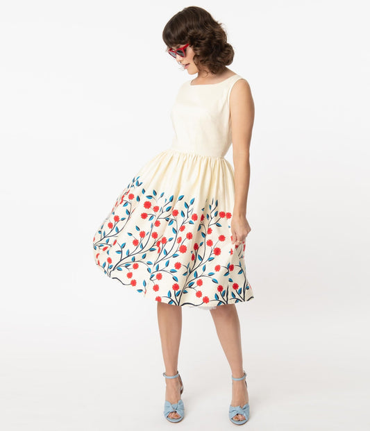 Collectif Ivory & Red Floral Border Candice Swing Dress - Unique Vintage - Womens, DRESSES, SWING