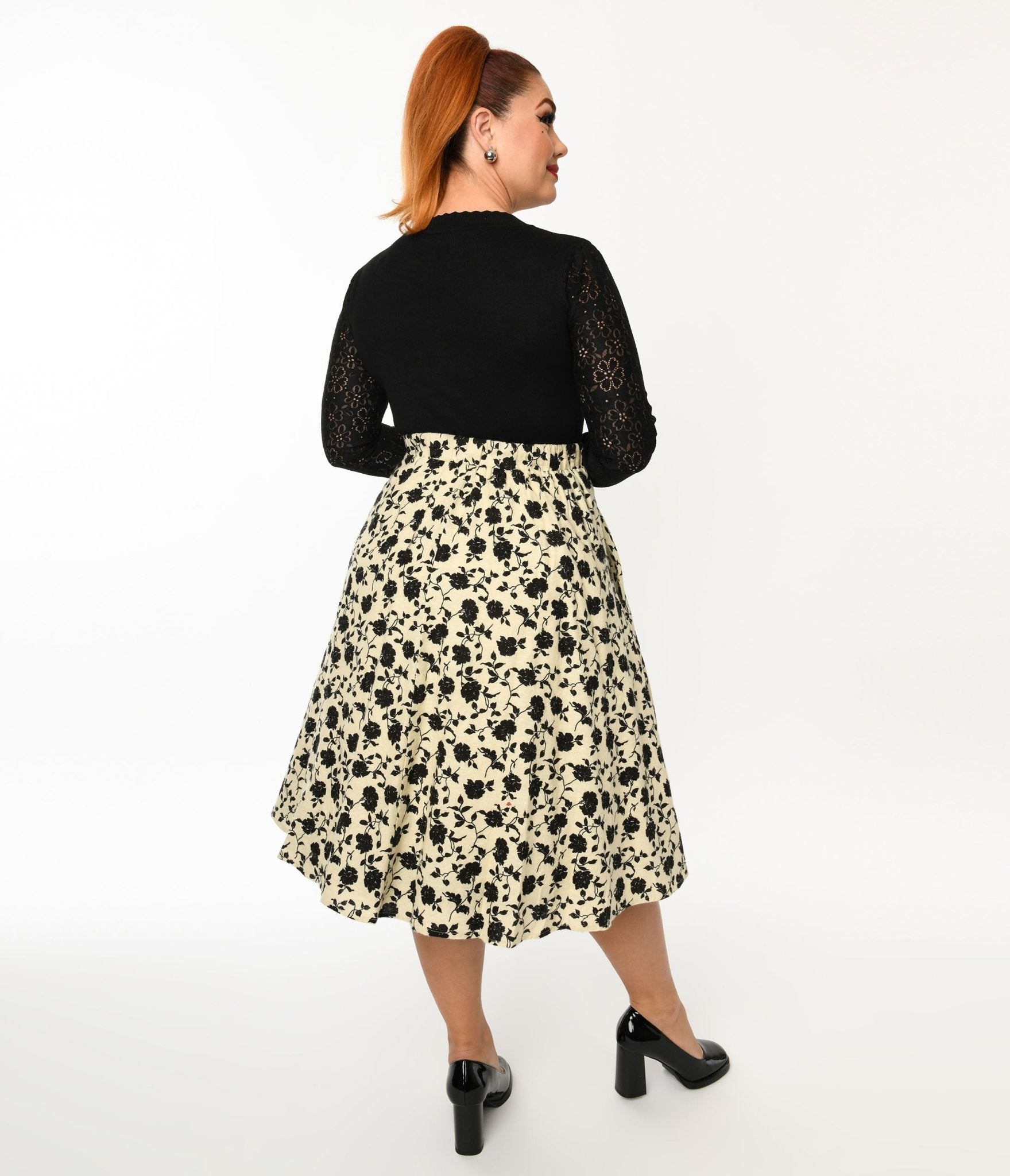Cream & Black Floral Swing Skirt - Unique Vintage - Womens, BOTTOMS, SKIRTS