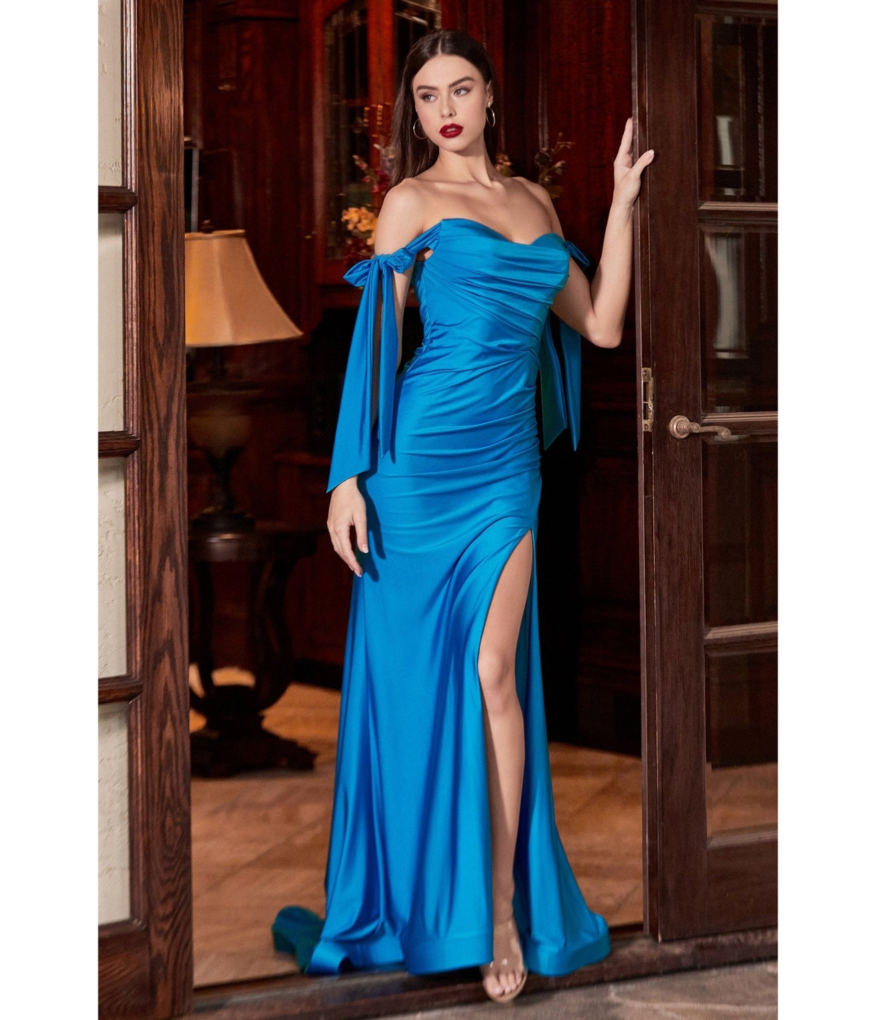 Cyan Blue Off The Shoulder Tie Prom Gown - Unique Vintage - Womens, DRESSES, PROM AND SPECIAL OCCASION