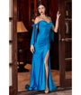 Cinderella Divine  Cyan Blue Off The Shoulder Tie Prom Gown