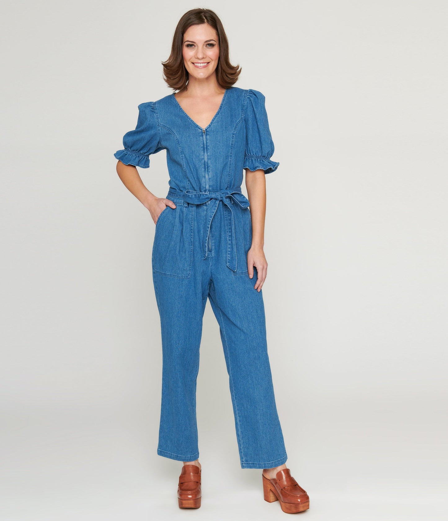 Denim Puff Sleeve Jumpsuit - Unique Vintage - Womens, BOTTOMS, ROMPERS AND JUMPSUITS