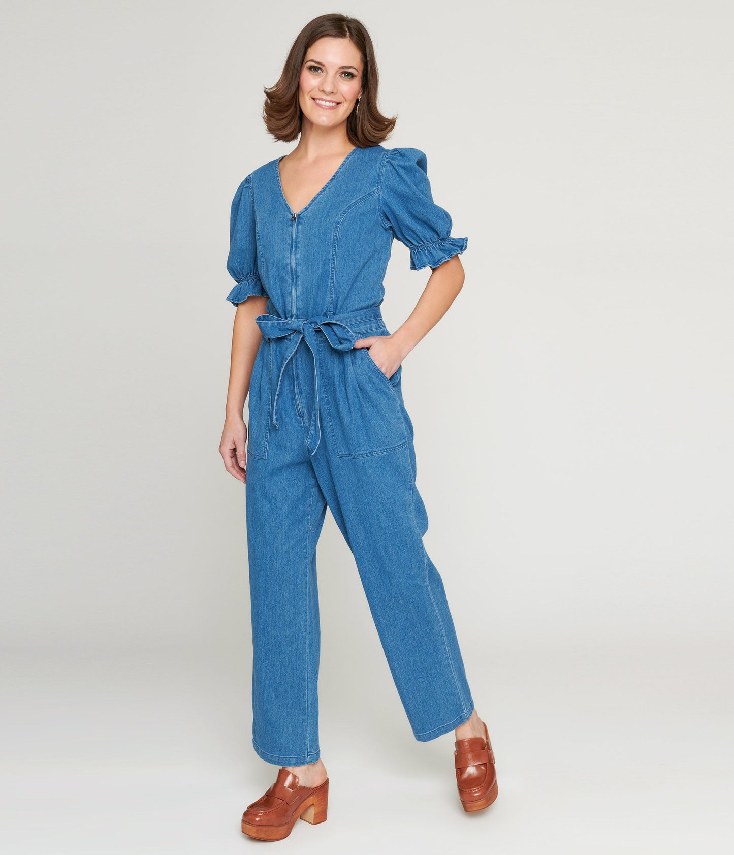 Denim Puff Sleeve Jumpsuit - Unique Vintage - Womens, BOTTOMS, ROMPERS AND JUMPSUITS