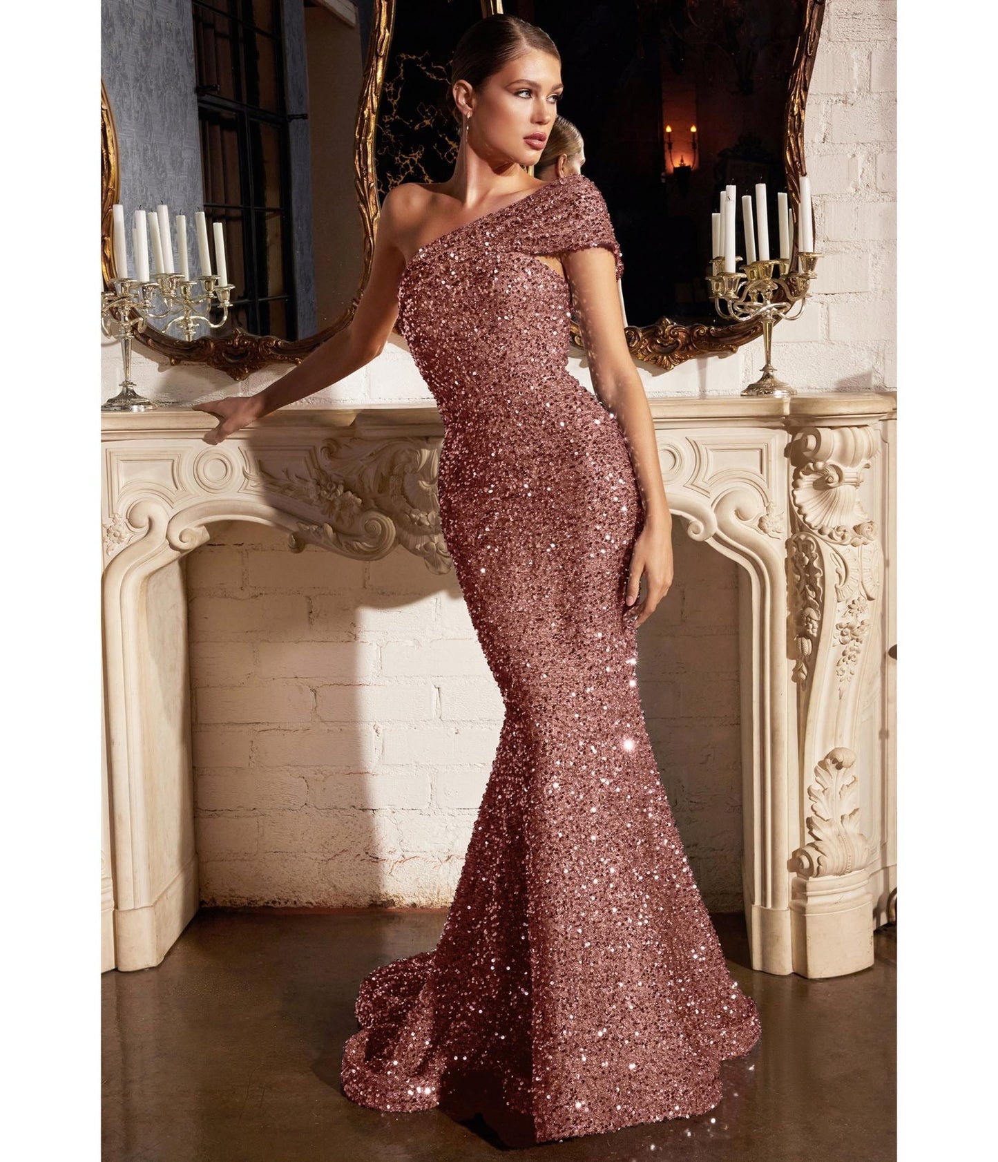 Dusty Rose Sequin One Shoulder Mermaid Prom Gown - Unique Vintage - Womens, DRESSES, PROM AND SPECIAL OCCASION