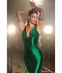 Cinderella Divine  Emerald Glitter Satin Plunging Mermaid Gown