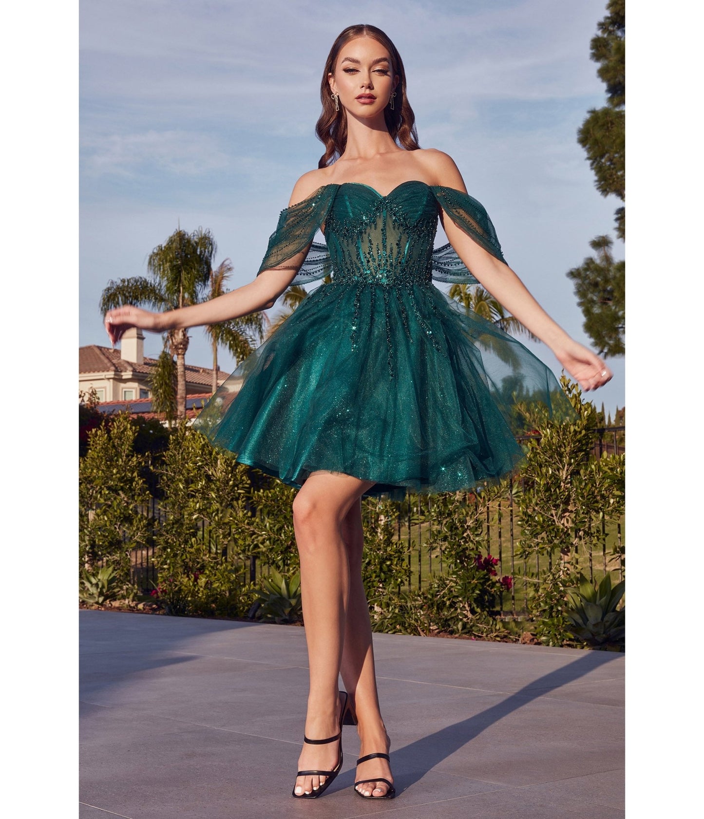 Emerald Glitter Tulle Off Shoulder Corset Mini Dress - Unique Vintage - Womens, DRESSES, PROM AND SPECIAL OCCASION